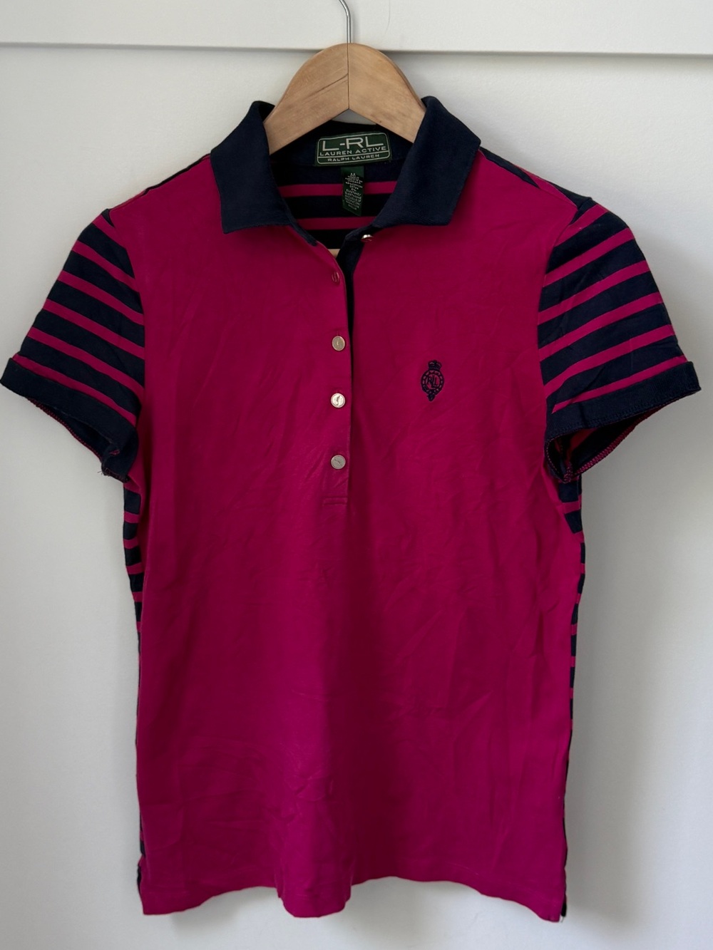 LAUREN Ralph Lauren Active Magenta & Navy Stripe Colourblock Polo Shirt Size M